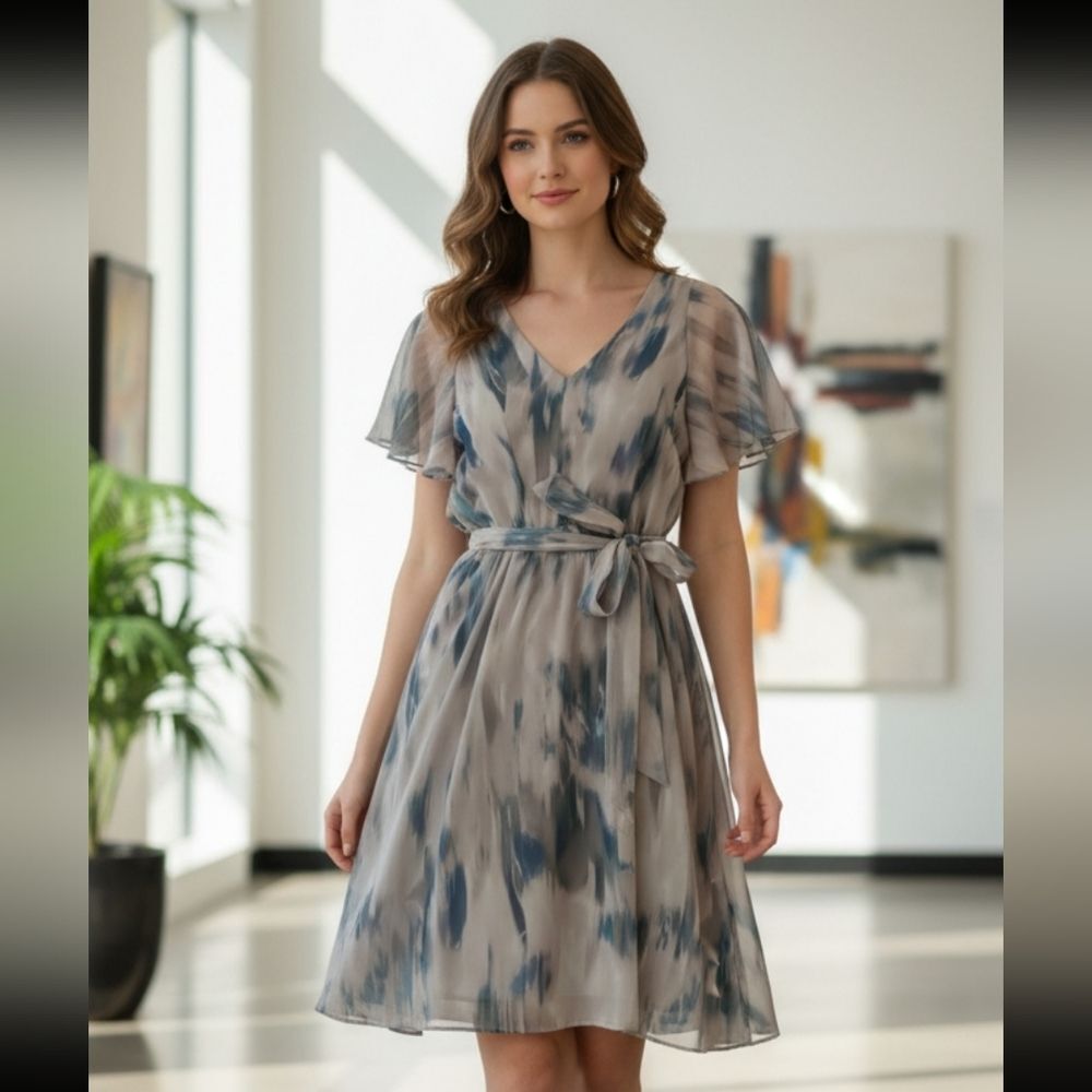 H & M Women's V-Neck 3/4 Button Lined Dress w/Butterfly Sleeves Tie Waist Sz XL - Picture 1 of 8